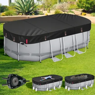 QH.Home Ultimative Winddichte, ovale Poolabdeckung für oberirdische Pools, langlebig und reißfest, mit verbesserter Ratschenkordel und gewichtstragenden Ringen, 3 x 4,9 m