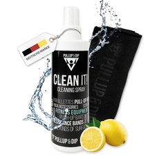 PULLUP & DIP Cleaning Spray inkl. Mikrofasertuch, Reinigungsspray (250 ml) für dein Fitness Zubehör, Reinigungsset für Oberflächen wie Kunststoff, Kunstleder, Holz, Glas, Stahl