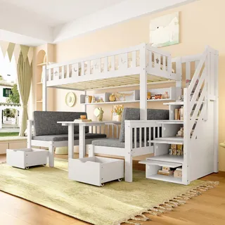 Merax Etagenbett 90x200cm, 2-in-1 Hochbett mit Schreibtisch, Bank, Stauraumleiter, Zaun mit Stern Mond, Kinderbett aus Massivholz, Stockbett, Weiß - Weiß