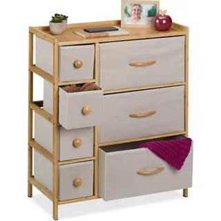 Relaxdays Kommode, Bambus, 7 Stoffschubladen, Flur, Schlafzimmer, HxBxT: 73x61,5x32,5 cm, Schubladenschrank, Natur/beige