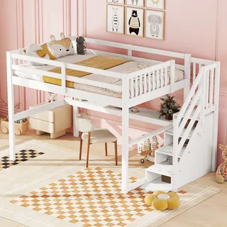 Flieks Etagenbett 140×200cm mit Treppe und Schreibtisch, Hochbett Jugendbett mit Lattenrost, Kinderbett mit Rausfallschutz, Massivholzbett, Weiß - Weiß