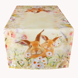 Raebel OHG Tischdecke - hellgelb-bunt Stickerei Druck Hasen auf Frühlingswiese Ostern (130 x 170 cm)