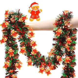 LATERN 10M Weihnachts Lametta Girlande mit Lebkuchenmann, Rot Grün Dicke Metallic Girlande Klobiges Glitzerndes Lametta für Weihnachtsbaum Winter Hochzeit Geburtstag Feiertage Party Dekoration