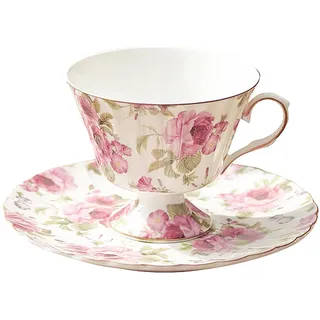 fanquare Rosa Blumen Tee Tassen und Untertassen, 200ml Vintage Rose Porzellan Kaffeetassen mit Gold Rand, China Kaffee Tasse und Teller Set für Frauen, Latte