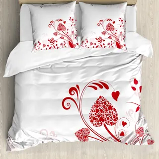 ABAKUHAUS rot Bettbezug, Garten-Romance Herz, Milbensicher Allergiker geeignet mit Kissenbezügen, 155 cm x 220 cm - 80 x 80 cm, rot-Weiss - Rot