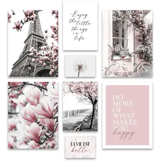 ARTFAVES® Poster Set - SPRING IN PARIS - mehrteilige Wanddeko Wohnzimmer & Schlafzimmer - 8 moderne Wandbilder Frühling, schwarz weiß, rosa, Fashion - ohne Bilderrahmen