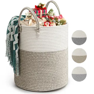 Rieeyrslza Wäschekorb für Decken 39L Geflochten Wäschesammler Baumwolle Seil Korb Faltbare Vielseitiger Aufbewahrungskorb mit Henkel Geeignet für Wohnzimmer und Schlafzimmer (Braun)