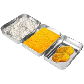 elthmpr Panierschalen Set 3-teilig - Panier-Set aus Edelstahl Schale zum Panieren 25 x 20 x 5 cm Rechteckige Panierstraße Panierstrasse Edelstahl Schale Rechteckig für Fleisch, Fisch und Gemüse