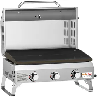 Onlyfire Tischgasgrill mit 3 Brenner | Edelstahl Plancha Gasgrill | mit Deckel, Grillplatte, Thermometer | Grillfläche 57 x 36 cm | Keramische Lackbeschichtung | BBQ Camping | Tragbarer Balkongrill