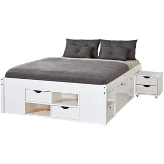 Inter Link - Funktionsbett - Bett mit Schubladen - Doppelbett 160 x 200 cm - 2 Große und 4 kleine Schubladen - Nachtkommode - Kiefer massivholz - Inkl Lattenrost - Weiß lackiert - Till