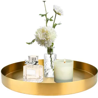 Tablett Gold Ø30cm Deko Tablett Rund aus Metall, TablettServiertablett Dekoteller, Edelstahl Platzteller Gold, Deko GoldTablett für Adventskranz Teller Dessert Kosmetik Schmuck Kerzen Tee-Set Vasen