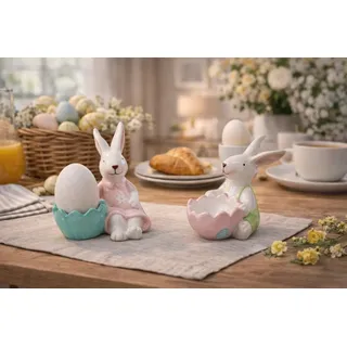 formano 2er Set Osterhase mit Eierbecher 10 cm Steingut handbemalt Ostern