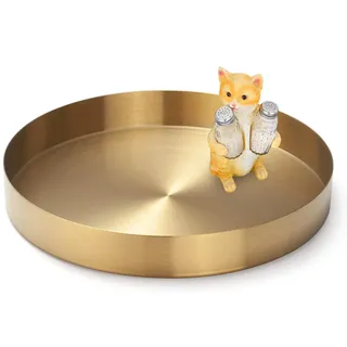 Yvttve Deko Tablett Gold Rund | Design Dekoteller und Dekotablett aus Metall | Edelstahl Serviertablett Kerzenteller Goldfarben (Golden, Ø 20 cm)