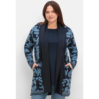 Longstrickjacke SHEEGO, Damen, Gr. 52/54, blau (tiefblau, gemustert), 50% Viskose, 26% Polyamid, 24% Polyester, gemustert, mehrfarbig, Strickjacken Longstrickjacke