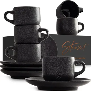 Steinzeit Design Espressotassen (6x80ml) - Espressotassen Set mit passenden Untertassen - Espressokaffeetassen aus 100% Handfertigung - stapelbare Mokkatassen in Schwarz