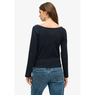 Langarmshirt SUPERDRY "BARDOT OFF SHOULDER TOP", Damen, Gr. S, eclipse navy, Single Jersey, Obermaterial: 100% Baumwolle, gestreift, regular fit normal, U-Boot-Ausschnitt, Shirts Langarmshirt, mit U-Boot Ausschnitt und Wellenkante am Bund, gesticktes Logo am Saum