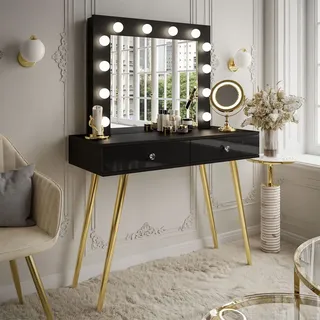 Schminktisch SIENNA GOLD mit Schubladen auf goldenen Beinen Gold Chrom / Schwarz Hochglanz, Kristallgriff - Schwarz