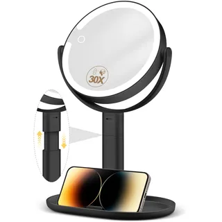 MOMOKUBA Kosmetikspiegel mit Beleuchtung, Vergrößerungsspiegel mit Licht 30fach, Schminkspiegel mit Beleuchtung 7", Doppelseitig 3 Farben 64 Led, Kosmetikspiegel mit Vergrößerung 360° Drehbar, Schwarz
