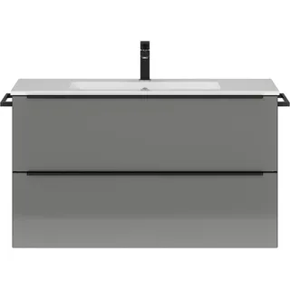 Badezimmer Waschtisch mit Waschbecken und 1 seitl. Handtuchhalter in schwarz, Hochglanz grau, Griffleisten schwarz, PALERMO-136-GREY, B/H/T ca. 106/59,1/48,7 cm - Grau