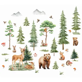 Wandtattoo Waldtiere Dschungeltiere Baum Zweig Große Kiefer Wandaufkleber Birken Bär Hirsch Fuchs Wandsticker Wanddeko für Kinderzimmer Babyzimmer Schlafzimmer Spielzimmer Dekor