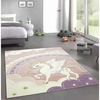 CARPETIA Teppich Kinderzimmer Himmel Wolken Regenbogen Einhorn rosa Creme Größe 140x200 cm