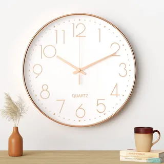 Uootach Wanduhr, 30 cm (12 Zoll), Moderne Wanduhr (Weiße Roségold Zeichen)