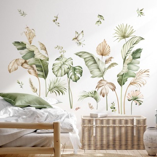 decalmile Wandtattoo Boho Palme Blätter Wandaufkleber Pflanzen Tropische Blätter Grüne Wandsticker Schlafzimmer Wohnzimmer Flur Wanddeko