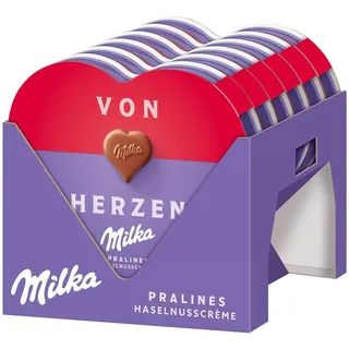 MILKA I love Milka Pralinen – Herzförmige Alpenmilch-Schokolade mit feiner Haselnuss-Nougat-Crème-Füllung – 12 x 44g