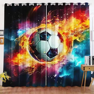 Qiqumax Fußball Gardinen Verdunkelungsvorhänge Für Kinderzimmer Jungen Fußball Sport Blickdicht Vorhänge Fußball Verdunkelungsvorhang Für Schlafzimmer (8,100x140cm(BxH)/ 50x140cmx2)