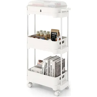 COSTWAY 3-stöckiger Rollwagen, Lagerwagen mit Abnehmbarer Abdeckung & Ablagen, mobiler Mehrzweckwagen mit Alurahmen & feststellbaren Rädern weiß - Weiß