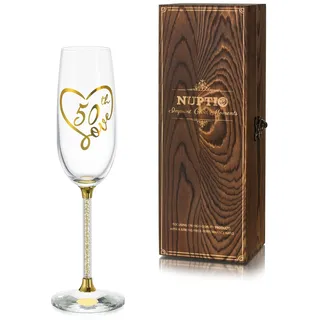 NUPTIO Sektgläser 50. Geburtstag Geschenke: Geschenkideen mit Holzkiste Gold Birthday Gravur Gläser für Frau Patentante Mutter Prosecco Sektflöten Geschenkbox 7.04oz