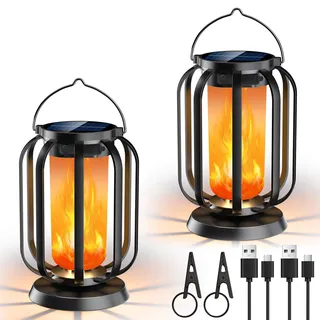Solar Flammen Laterne für Außen Hängend, 2 Stück Solarlampen IP65 Wasserdicht mit 3 Farbtemperaturen, Balkon Garten Lampion, Halloween Deko, Outdoor Leuchten für Terrasse, Rasen, Hof, Camping