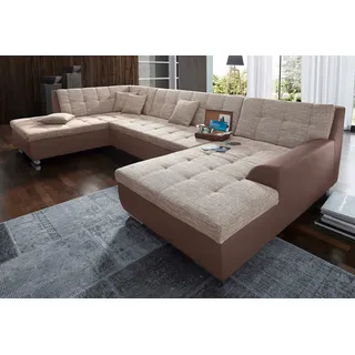 DOMO collection Wohnlandschaft »Treviso incl. Zierkissen, moderne Steppung, XXL: B/T/H: 364/201/83 cm« wahlweise mit Bettfunktion, in vielen Bezugsarten auch in Cord U-Form, braun