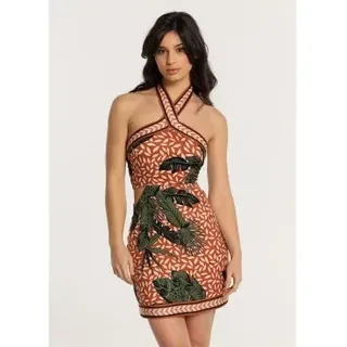 Lois Jeans für Damen. 447902479 Kurzes Kleid mit tropischem Print und Neckholder-Ausschnitt (M), Lässig, Viskose, Ärmellos / Hosenträger