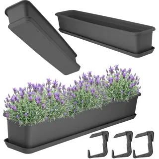 KADAX Blumenkasten 80 cm mit Untersatz und Halterung, Anthrazit – Balkonkasten aus Kunststoff, Pflanzkasten für Innen- und Außenbereiche, Blumentopf für Balkon