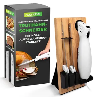 NutriChef Elektromesser Elektrisches Küchenmesser mit Edelstahlklingen und Holzständer Weiß Für Fleisch Brot Geflügel Braten Schinken und Käse Präzise Schnitte Sicherheitsverriegelung Ergonomischer