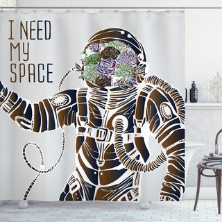 ABAKUHAUS Duschvorhang, Lustiges Liebes Zitat I Need My Space Blumenkopf Kosmonaut Pilot Mann Spaß Illustration Druck, Stoffliches Gewebe Badezimmerdekorationsset mit Haken, 175 X 200 cm, Braun Grau