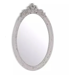 GMMH Charmanter Landhaus Holz Spiegel Wandspiegel, Shabby Chic Vintage Barock Antiker Hängespiegel mit Holzrahmen, Für alle Räume geeignet, 64L x 40B cm, Wandaufhängung, Oval/Weiss