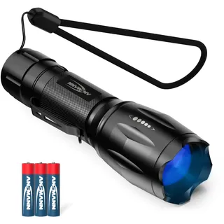 Ansmann Action 400 UV LED, Taschenlampe, UV-Lampe, LED-Leuchte, 400nm, stufenlos fokussierbar, 4 Lichtmodi, für Sauberkeitskontrolle, Bernsteinsuche, Ködersuche beim Angeln, Schwarz