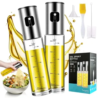 PUWOWYE 2er Ölsprüher für Speiseöl, 100 ML Öl Sprühflasche aus Edelstahl und Glas mit Skala & Trichter, Multifunktionaler Ölspray für Heißluftfritteuse, Salat, Grillen, Backen, Küchen Gadgets