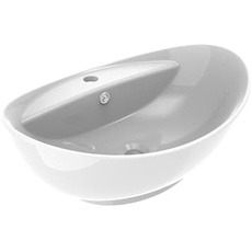 ERCOS Oval Keramik Aufsatzwaschbecken, Weiß glänzend Badezimmer Waschbecken mit integriertem Überlauf, Abmessungen 590X390 MM