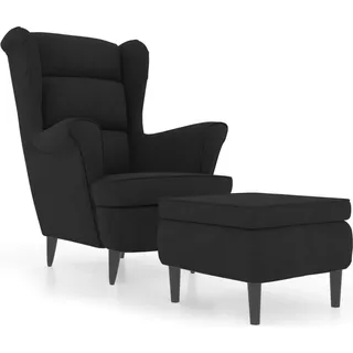 Ohrensessel mit Hocker Schwarz Samt - Schwarz