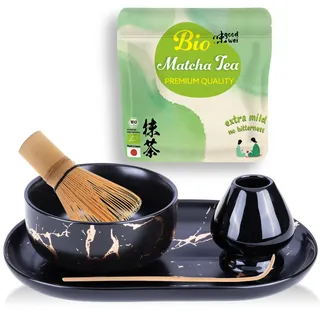 Goodwei Matcha Set mit moderner Matcha Schale in edlem Marmor-Design, Matchabesen, Besenhalter und Serviertablett | Geschenkset für Teezeremonie inkl. BIO Matcha und Latte Mix (Schwarz)
