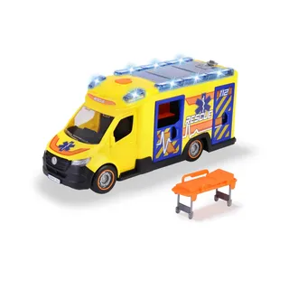 Dickie Toys – Mercedes-Benz Sprinter Ambulance 34,5 cm, Krankenwagen Spielzeug für Kinder ab 3 Jahren, Freilauf Rettungswagen mit Licht und Sound, Türen und Dach zum Öffnen, mit Trage und Zubehör