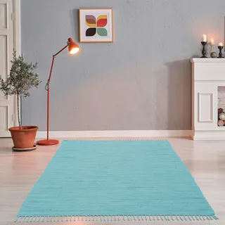 THEKO Teppich »Happy Cotton Fleckerl, handgewebt« rechteckig 5 mm Höhe Flachgewebe, reine Baumwolle, meliert, mit Fransen, auch als Läufer, blau