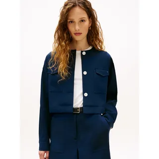 Kurzblazer TOMMY HILFIGER "TAILORED UTILITY CROPPED JACKET", Damen, Gr. 36, blau (schwarz night navy), Web, Obermaterial: 77% Viskose, 23% Nylon, unifarben, gerade hüftlang, Rundhals, 1-Knopf-Manschette mit Schlitz, Blazer Kurzblazer, Boxy Fit, ohne Kragen