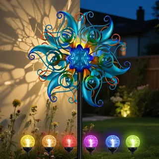 pearlstar Solar Windrad Garten, Windspiel mit 6 farbigen LED-Leuchten – Wetterfestes Windspiel für Draußen Stehend, Gartendeko für Terrasse, Rasen und Balkon