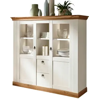 Furn.Design Highboard weiß Pinie, Eiche Wotan, Landhaus Buffet 148 x 140 cm , Weiß, Eiche Wotan , Holzwerkstoff , Nachbildung,Eiche, Pinie , Holz Optik, Uni , 5 Fächer , 2 Schubladen , Sockel , 148x139x44 cm , Kleinmöbel, Kommoden, Highboards