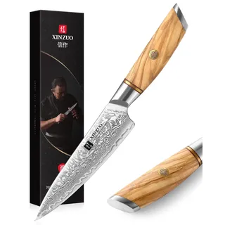 XINZUO Damaststahl Allzweckmesser, 13cm Obstmesser Damaskus 73 Schichten Japanisches Küchenmesser, Multifunktions Gemüsemesser Scharfe Klinge mit ergonomischer Olivenholz Griff -Lan Series