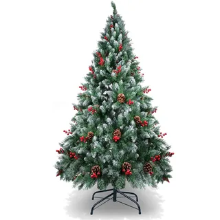 AGM 210 cm Künstliche Weihnachtsbäume mit Schneeflocken Dekor, 900 Spitzen aus Kiefern Blättern Tannenbaum Künstlich, 61 Tannenzapfen, 61 Roten Beeren, Christbäume mit Stabiler Metall Basis